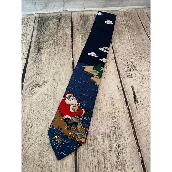 HALLMARK YULETIDE GREETINGS Men's “Santa Fishing” Tie - Picture 1 of 5